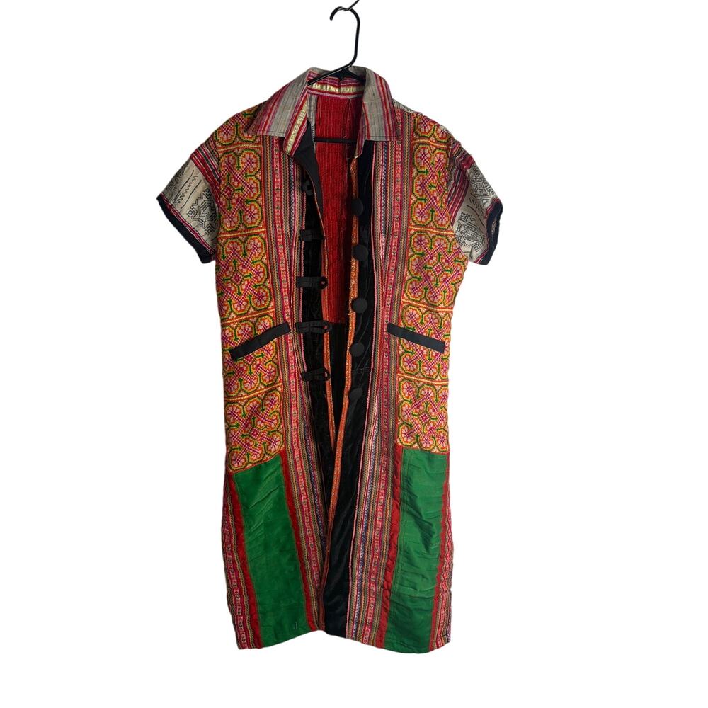 Vintage Hmong Tribal Patchwork Embroidered Tunic Dress Duster Robe Coat Size M